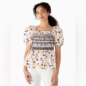 Kate Spade Lily Blooms puff sleeve blouse size small white pink & yellow floral